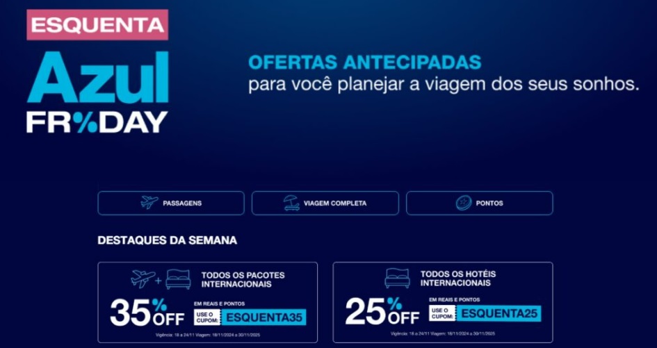 Esquenta Azul Friday! Até 35% de desconto em suas viagens usando cupom