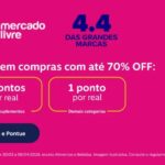 Ganhe 2 pontos por real gasto nas categorias de Saúde e Suplementos e 1 ponto por real nas demais categorias, exceto Alimentos e Bebidas. Mercado Livre