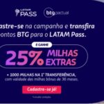 Transfira seus Pontos BTG e ganhe 25% de milhas bônus Latam Pass