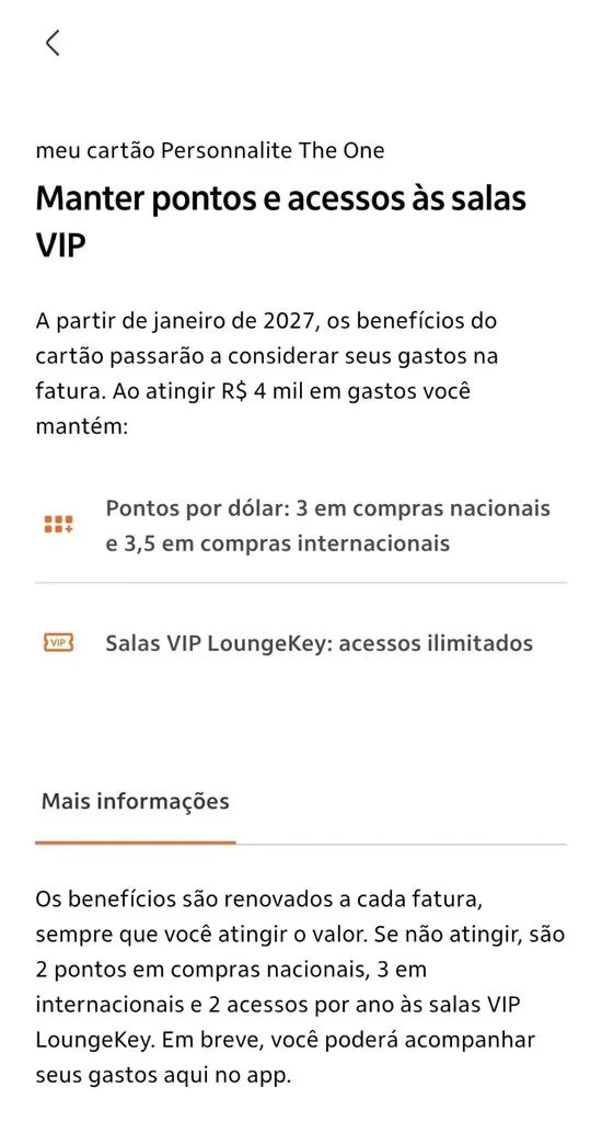Tela do app Itaú explicando a regra de gastos de R$ 4 mil do The One a partir de 2027