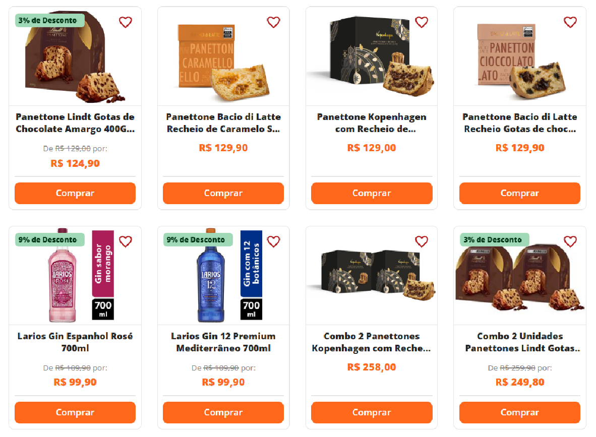 Vitrine de produtos da campanha Pague 1 Leve 2 de Natal com panetones Lindt, Kopenhagen, Bacio di Latte e gins Larios