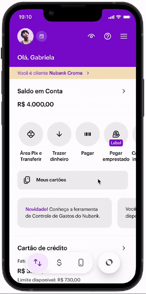 Tela do app do Nubank mostrando o cashback acumulado no Nubank Croma