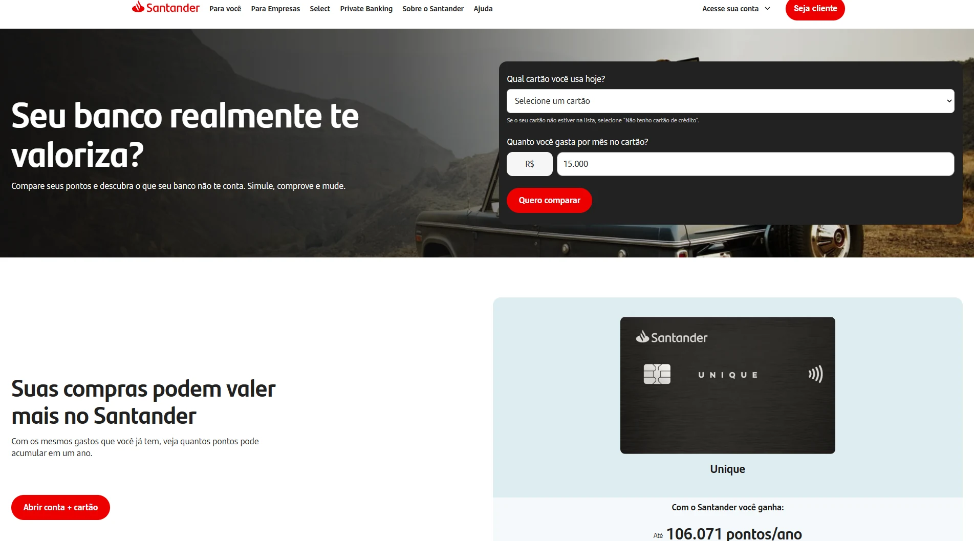 Tela do simulador de pontos do Santander com campos de cartão atual e gasto mensal e resultado do Santander Unique