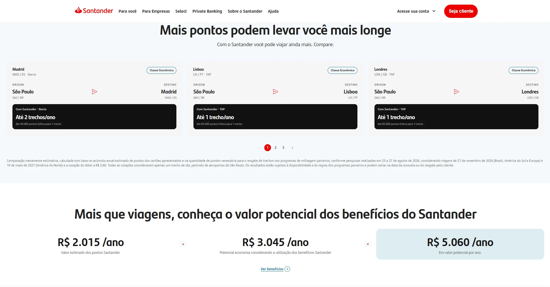 Simulador do Santander mostra trechos para Madri, Lisboa e Londres e valor potencial de R$ 5.060 por ano