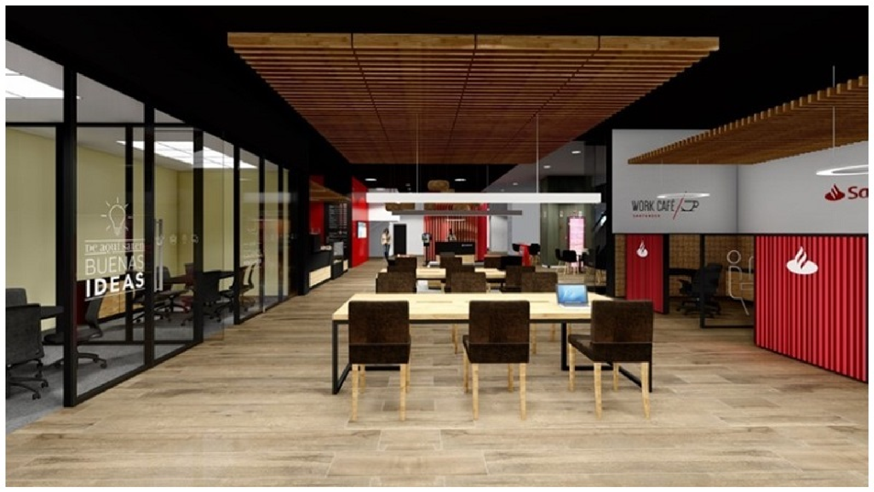 Área de coworking do Work Café Santander com mesas compartilhadas e salas de reunião envidraçadas