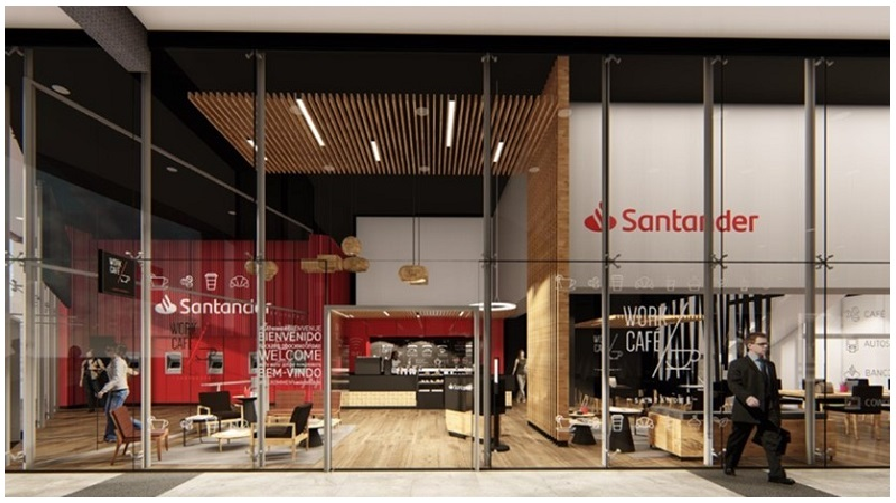 Fachada de vidro do Work Café Santander com cafeteria e área de atendimento ao fundo